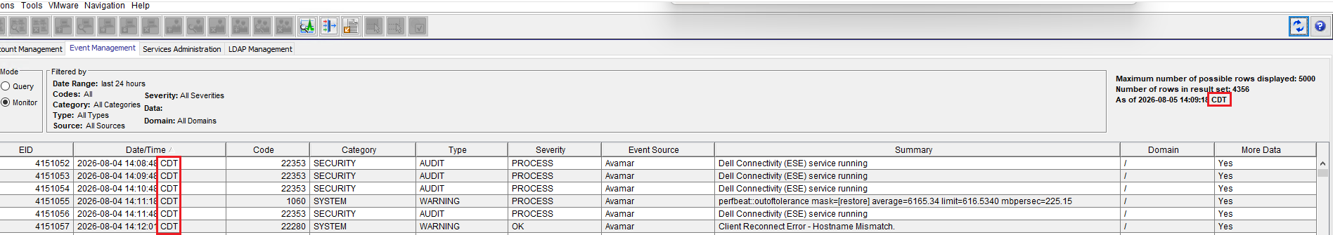 Event Management tab showing the time with CDT time zone.