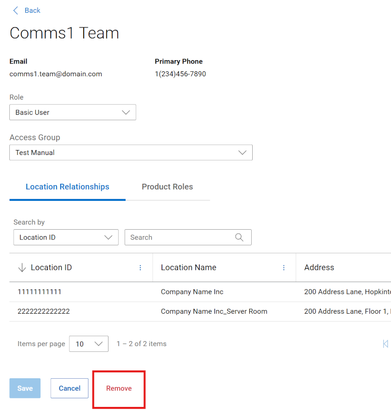 Botão Remover usuários