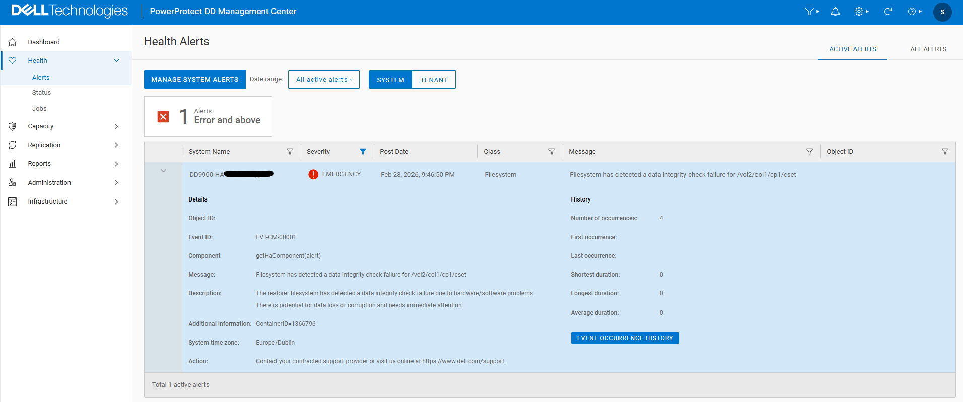 Alerts page of the managing DDMC