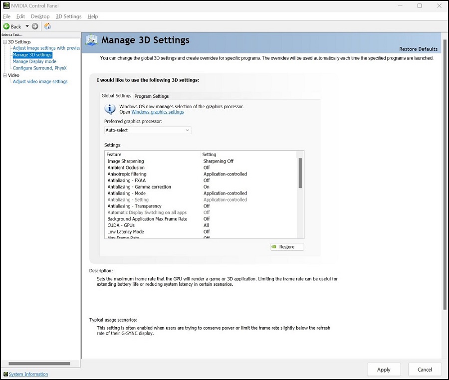 NVIDIA Control Panel,Manage 3D Setting