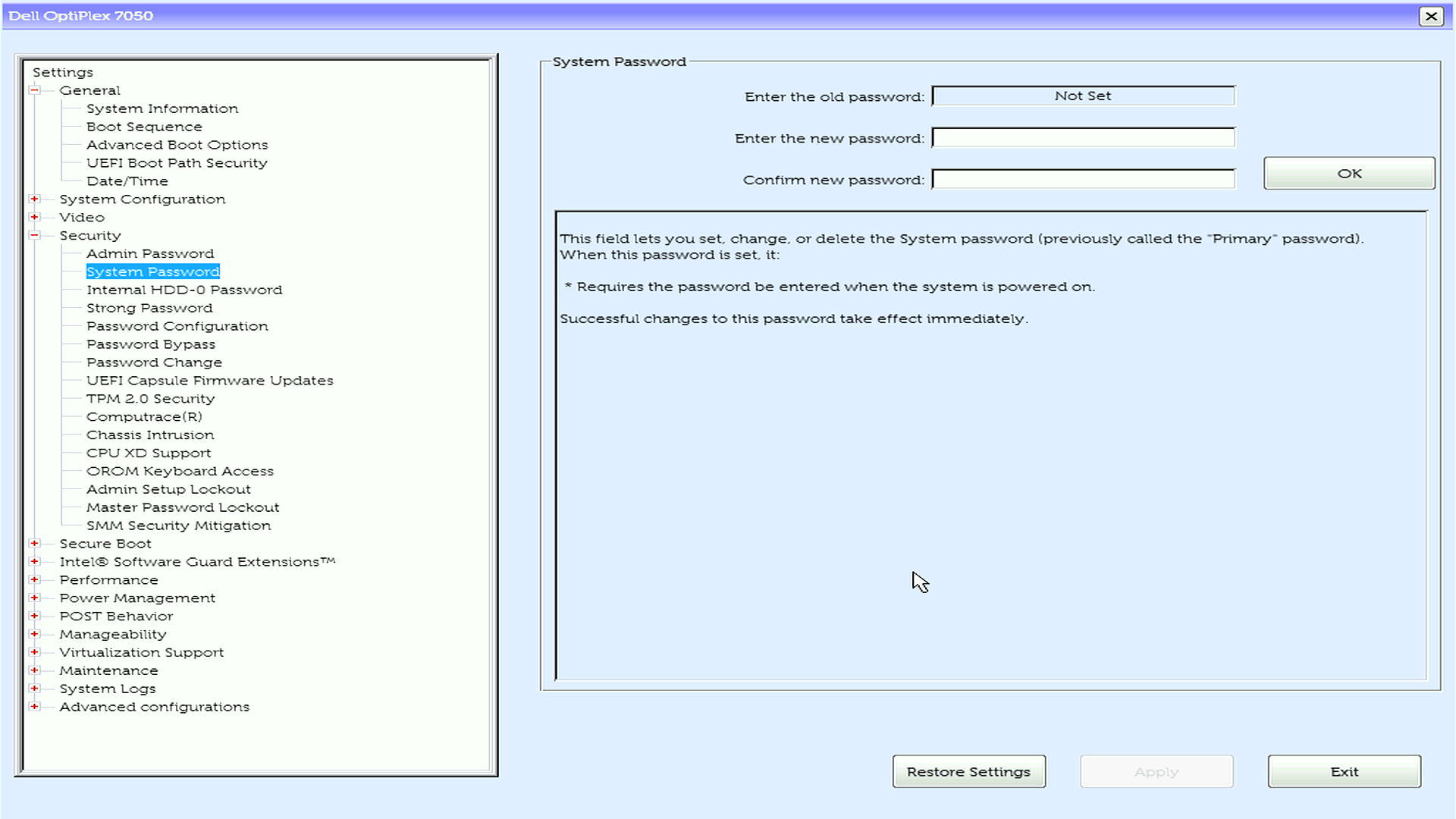 OptiPlex BIOS showing system password is not set