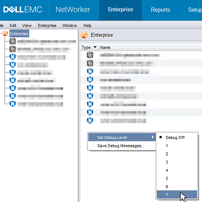 NetWorker Management Console — definir nível de depuração