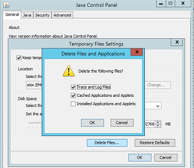Java Control Panel - тимчасові файли та налаштування