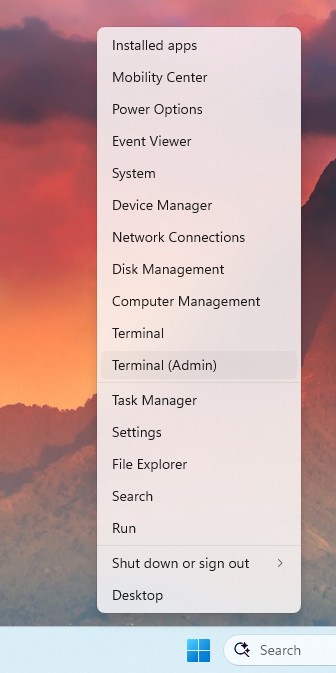 Sélectionnez Terminal (Admin)