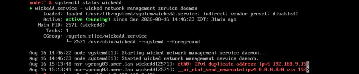 Abbildung 4: Ausgabe von Netzwerkkonfigurations- und Statusbefehlen auf einem Systemterminal mit wickedd-Servicestatus.