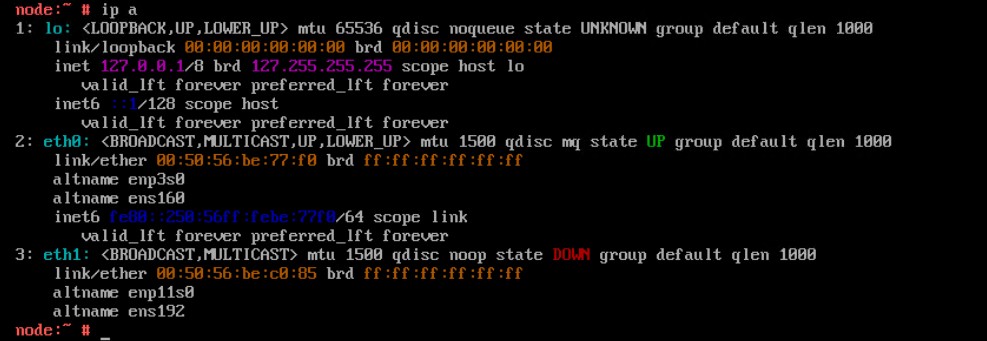 Bild 2: Information om nätverkskonfiguration för IP-adresser och gränssnittsinställningar på en nod