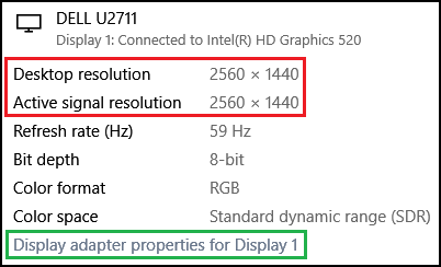 Erweiterte Windows-Anzeigeeinstellungen für Dell U2711 auf Display 1, verbunden mit Intel HD-Grafikkarte 520, mit Desktop- und aktiver Signalauflösung bei 2560 × 1440
