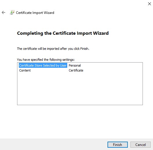 Finalización del asistente de importación de certificados