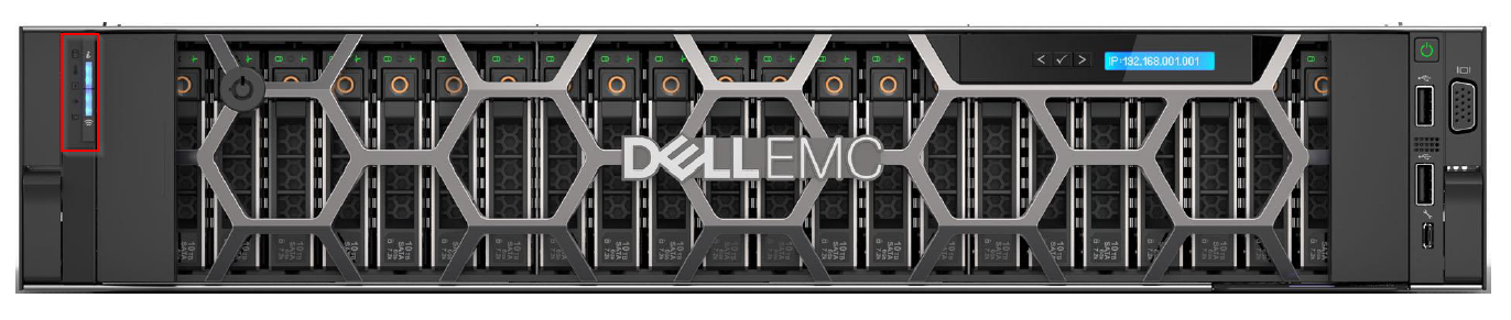 PowerEdge R740XDサーバー シャーシの前面LEDパネルの位置