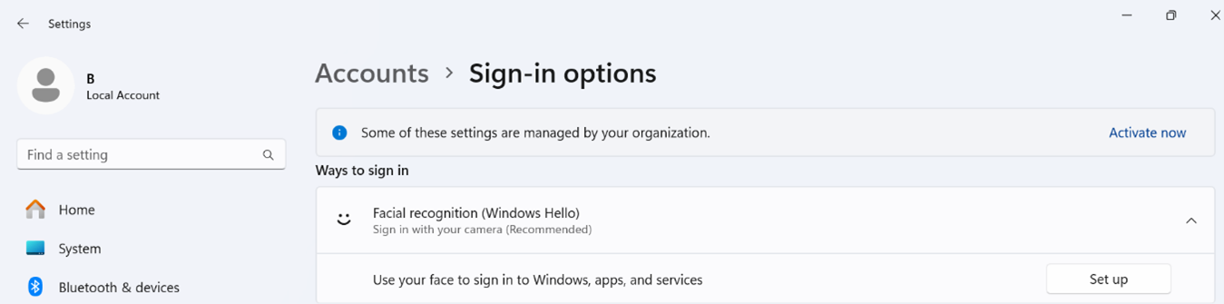 Botão Configurar para Usar seu rosto para entrar no Windows, aplicativos e serviços