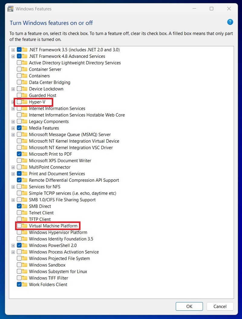 Меню «Компоненты Windows»