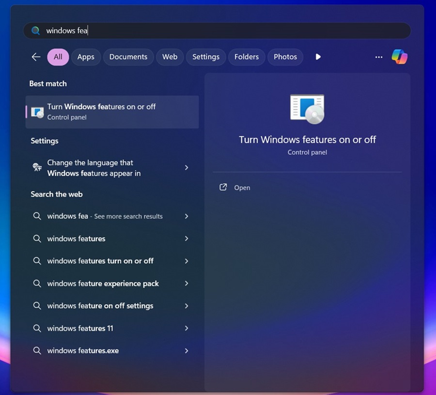 Windows Arama Çubuğu Örneği, Windows özelliklerini açma veya kapatma