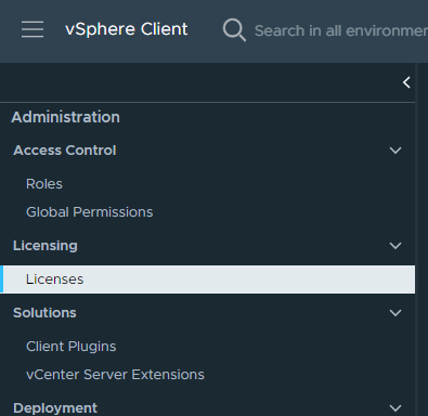 [Licenses]オプションが表示された[vCenter Administration]パネル