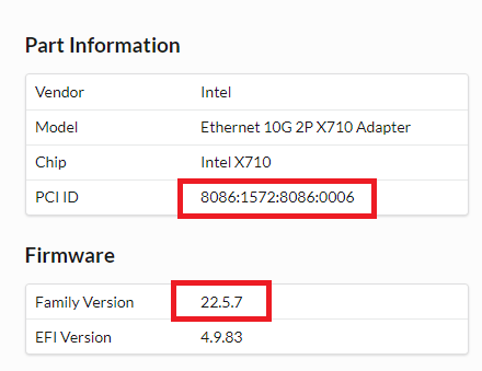 PCI IDとファームウェア バージョンを含むNICパーツ情報を表示するSupportAssistコレクション