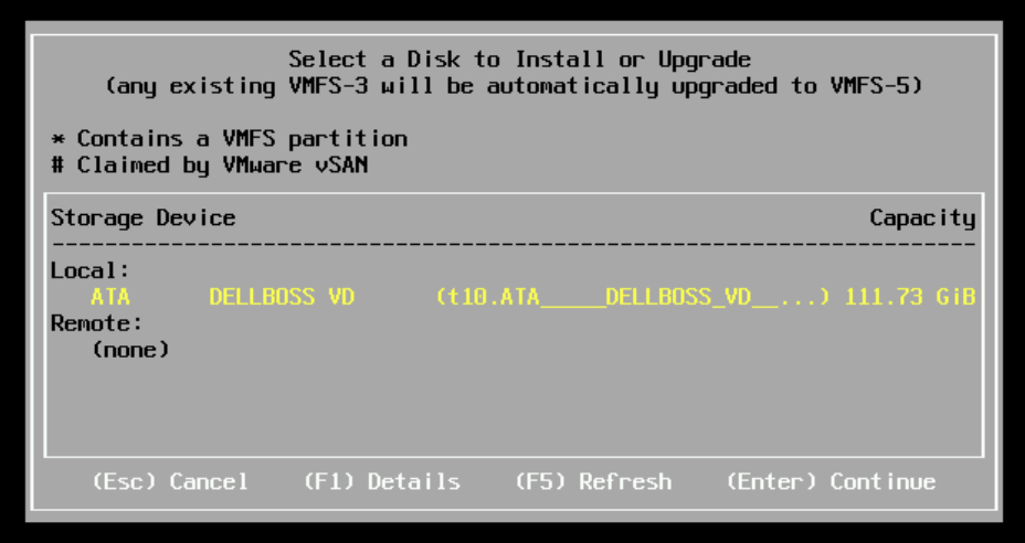 VMware ESXiディスクの選択画面