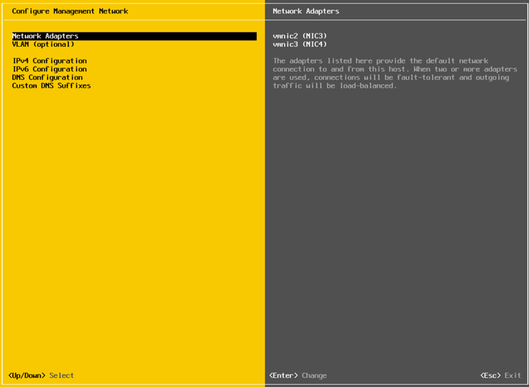 VMware ESXi DCUI管理ネットワーク構成画面