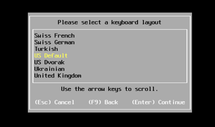 VMware ESXiのキーボード レイアウト選択画面