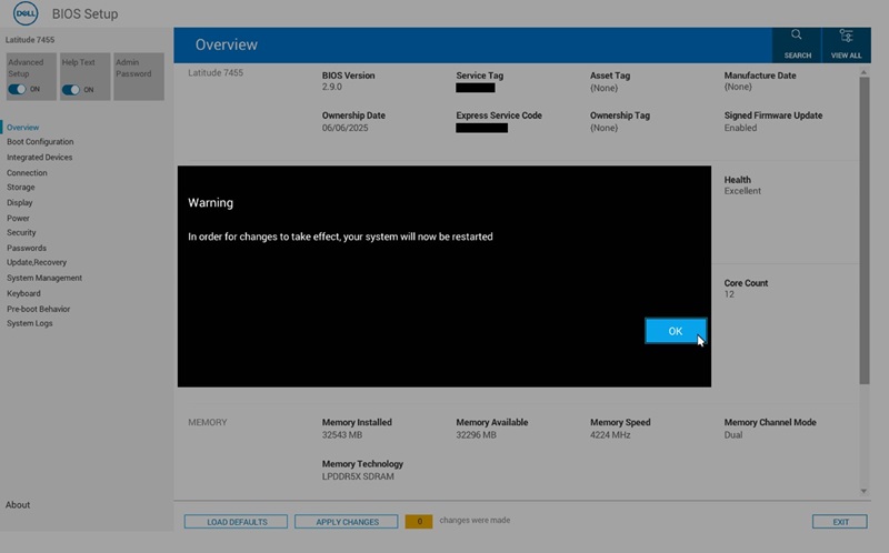Varovná zpráva v nabídce systému BIOS počítače Dell Latitude 7455