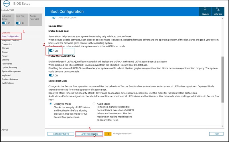 Menu del BIOS per Dell Latitude 7455, configurazione di avvio, avvio protetto