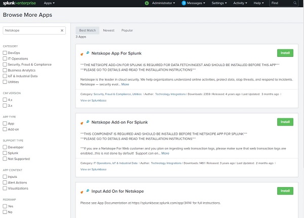 Click the green Install button next to Netskope Add-on for Splunk