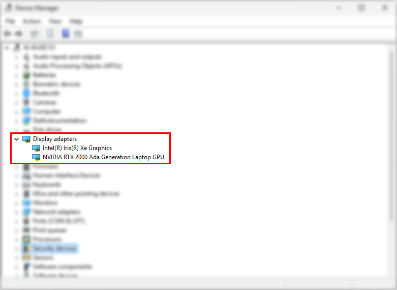 Screenshot of Device Manager window showing hardware components list with Display adapters category expanded. It highlights two graphics devices: Intel(R) Iris(R) Xe Graphics and NVIDIA RTX 2000 Ada Generation Laptop GPU, indicating dual GPU setup.