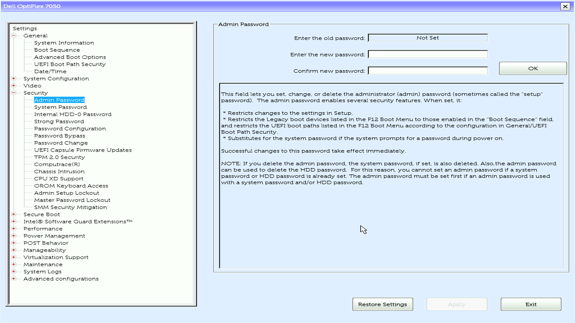OptiPlex BIOS showing admin password not set in BIOS