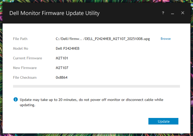 Dell monitor firmware update utility for Windows showing current firmware and new firmware version with Update button