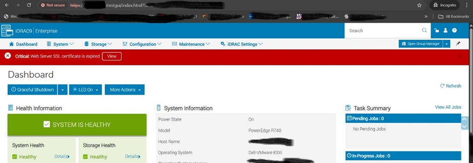 Řídicí panel řadiče iDRAC9 s varovným bannerem pro vypršení platnosti certifikátu SSL