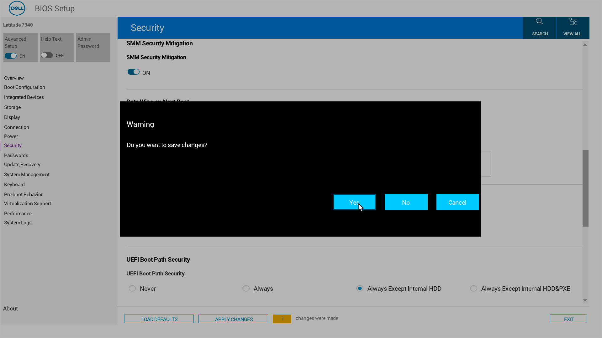 Dell BIOS-opsætningsskærmbilledet for Latitude, der viser pop op-vinduet