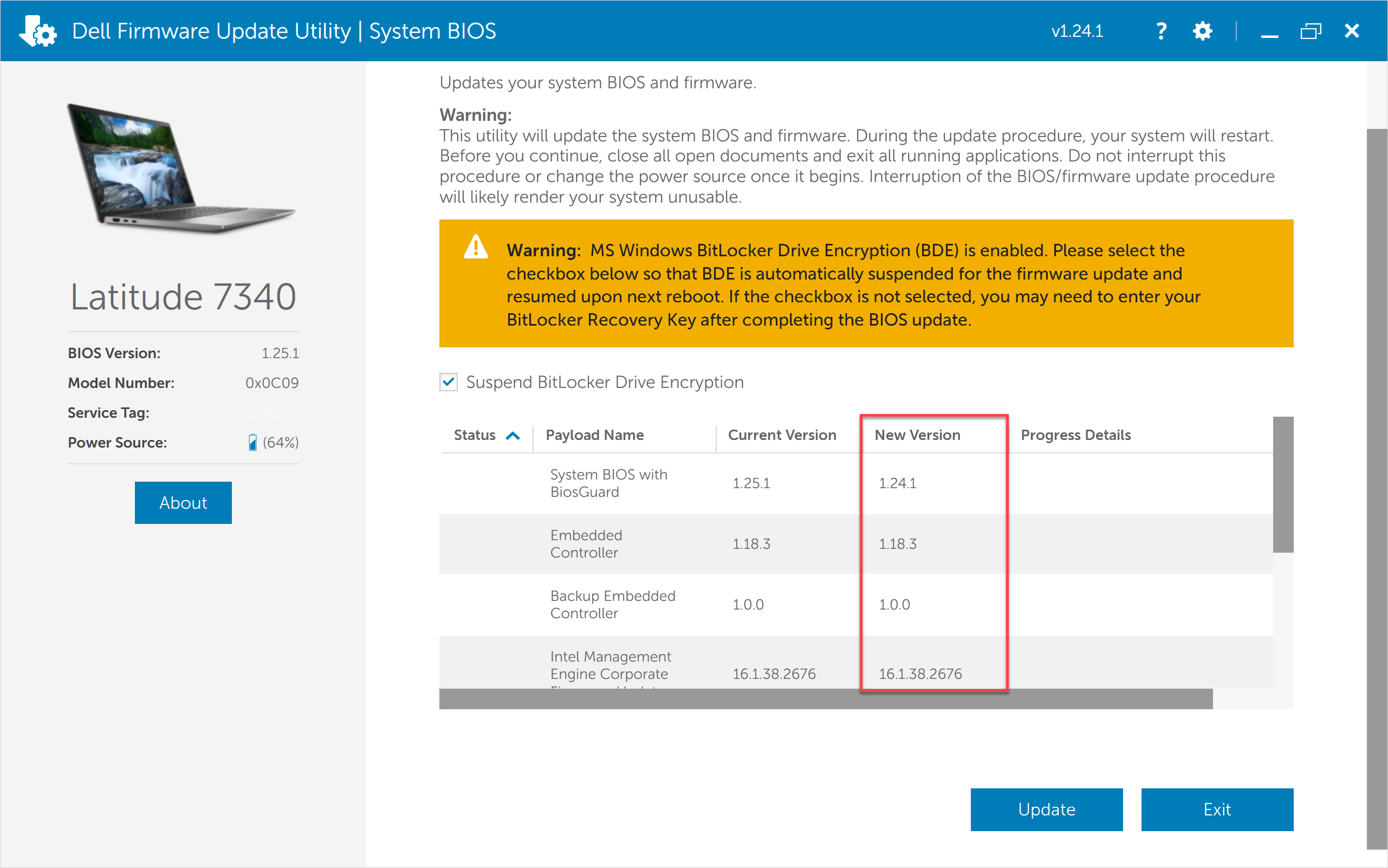 Dell BIOS update utility showing downgrade from version 1.25.1 to 1.24.1 with Update button