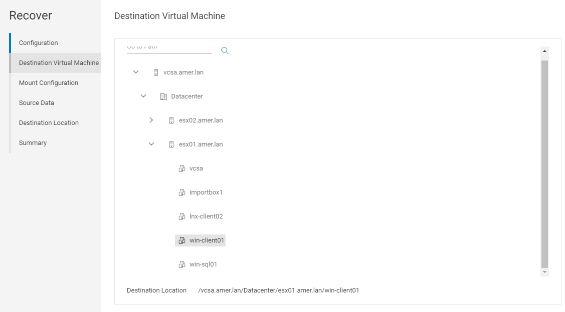 Ziel-VM-Auswahl für FLR-Mount-Vorgang. Manuelles Auswählen einer VM als Ziel