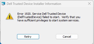 Messaggio di errore di installazione di Dell Trusted Device