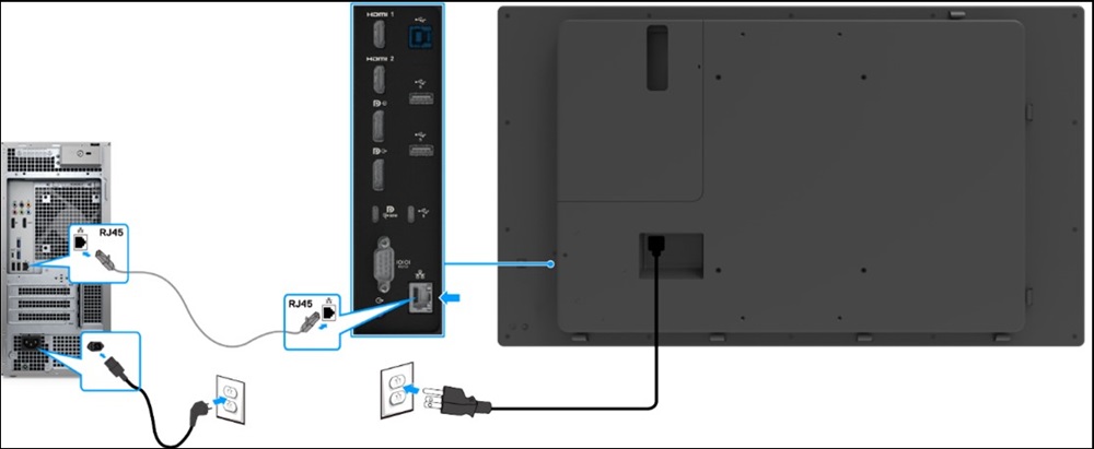 Eksempel på tilkobling av nettverkskabel til Dell-datamaskin og Dell-P5525QC-skjerm