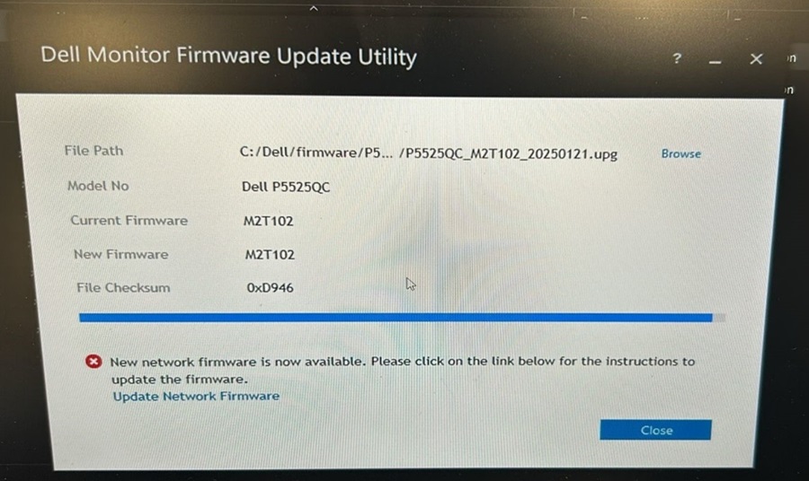 Ekran narzędzia do aktualizacji oprogramowania wewnętrznego monitora firmy Dell