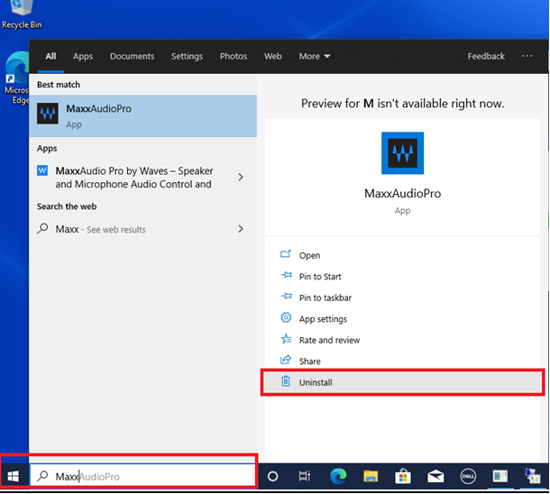 Vyhledávací lišta Windows, odinstalace aplikace MaxxAudioPro