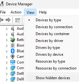 “视图”菜单和“显示隐藏的设备”