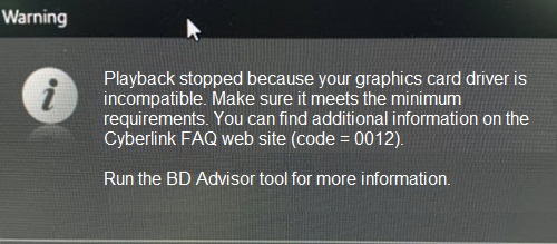 PowerDVD警告が表示されて、再生が停止する