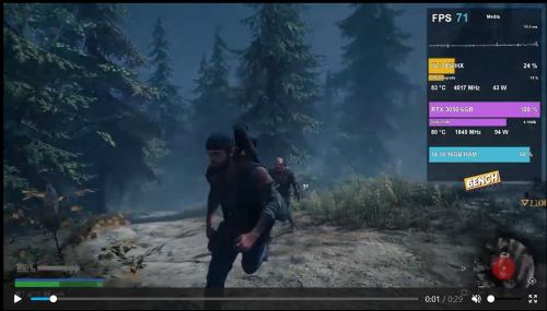 Processeur graphique fonctionnant avec 94 W et 71 FPS (utilisation normale)