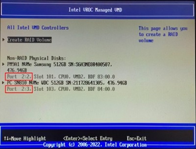 De SSD-poort die wordt weergegeven in Intel-VROC PreOS en UEFI HII