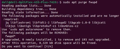 Zadejte sudo apt purge fwupd v Terminálu