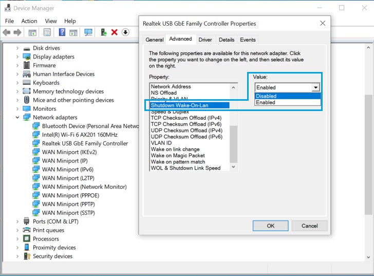 Schakel Shutdown Wake-on-Lan uit in Apparaatbeheer