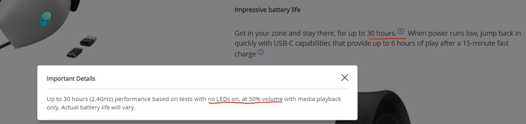 Informasjon om batterilevetid for Alienware AW720H-hodetelefoner