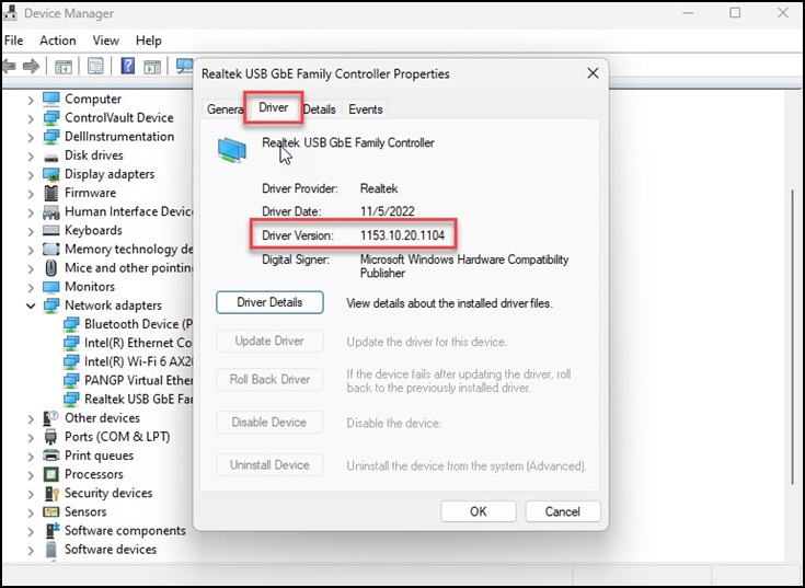 Driverinformasjon for Windows enhetsbehandling