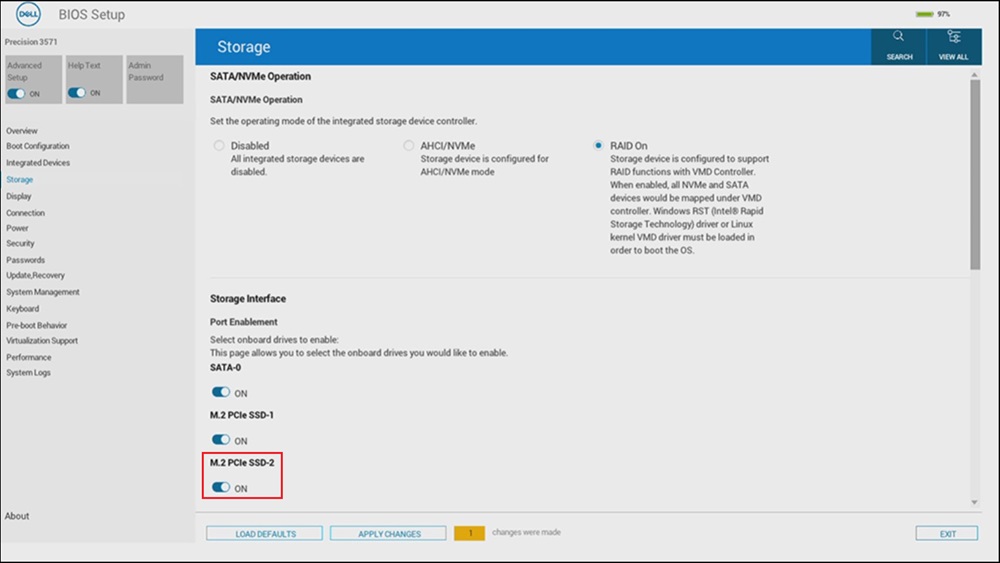 Сторінка параметрів зберігання BIOS Dell Precision 3571