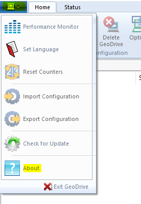 From GeoDrive console > from left top corner > click About.