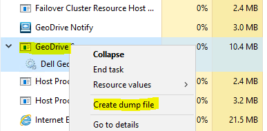Right-click the "GeoDrive Server" and select 'Create Dump File'