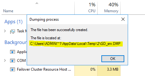 Copy the path to the memory dump file from the newly opened dialog box and collect it
