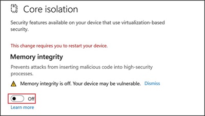 Turn off Memory integrity.