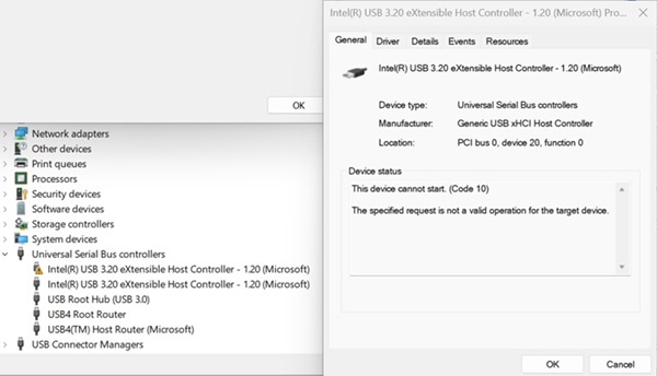 Komputer Dell Pro 14 Plus PB14250 z systemem Windows 11 23H2 ma żółty symbol na kontrolerze Intel USB 3.20 eXtensible Host w Menedżerze urządzeń.