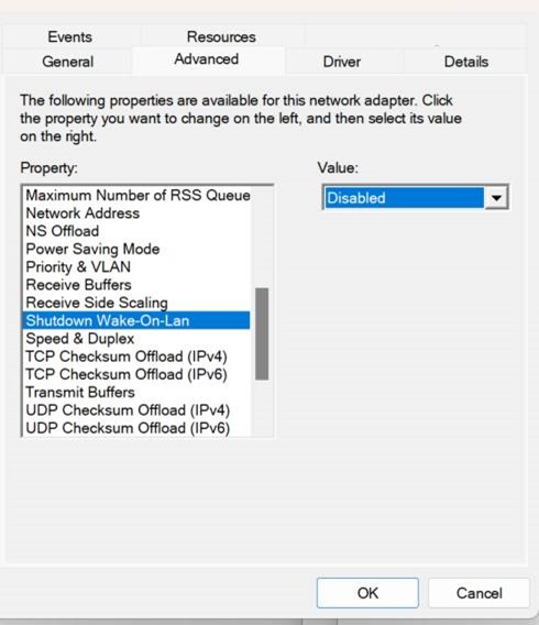 Shutdown Wake-On-Lan set to Disabled